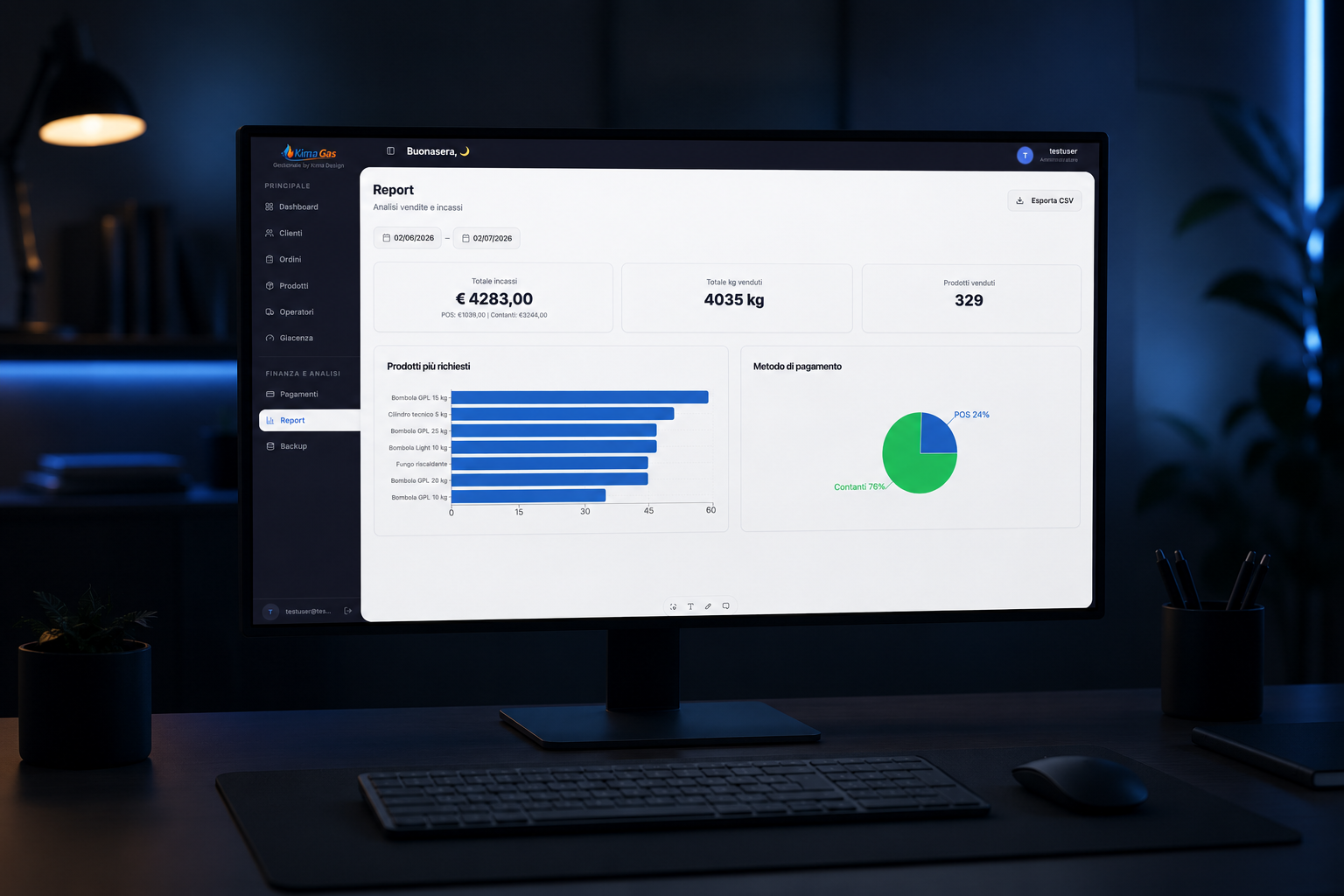 Dashboard KimaGas su monitor in ambiente da ufficio